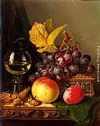 A Still Life of Black Grapes, a Peach, a Plum, Hazelnuts, a Metal Casket and a Wine Glass on a Carved Wooden Ledge